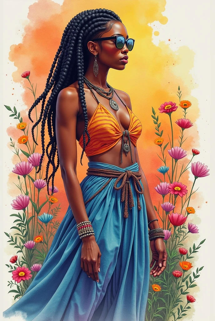Full body, water colors, ink drawing, beautiful cyberpunk Sudanese woman, wearing smart digital sunglasses, clean defined delicate features, stylish bohemian top and long skirt,  completely breast cover, colorful floral background, in the style of Albaso braids