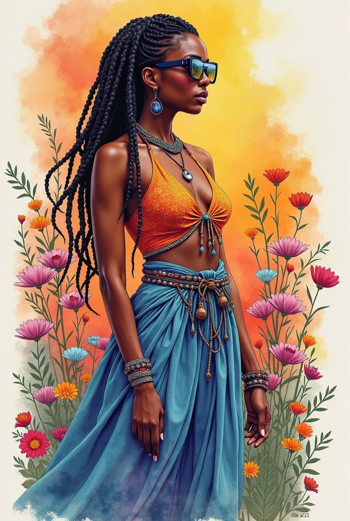 Full body, water colors, ink drawing, beautiful cyberpunk Ethiopian woman, wearing smart digital sunglasses, clean defined delicate features, stylish bohemian top and long skirt, completely cover breast area , colorful floral background, in the style of Albaso braids