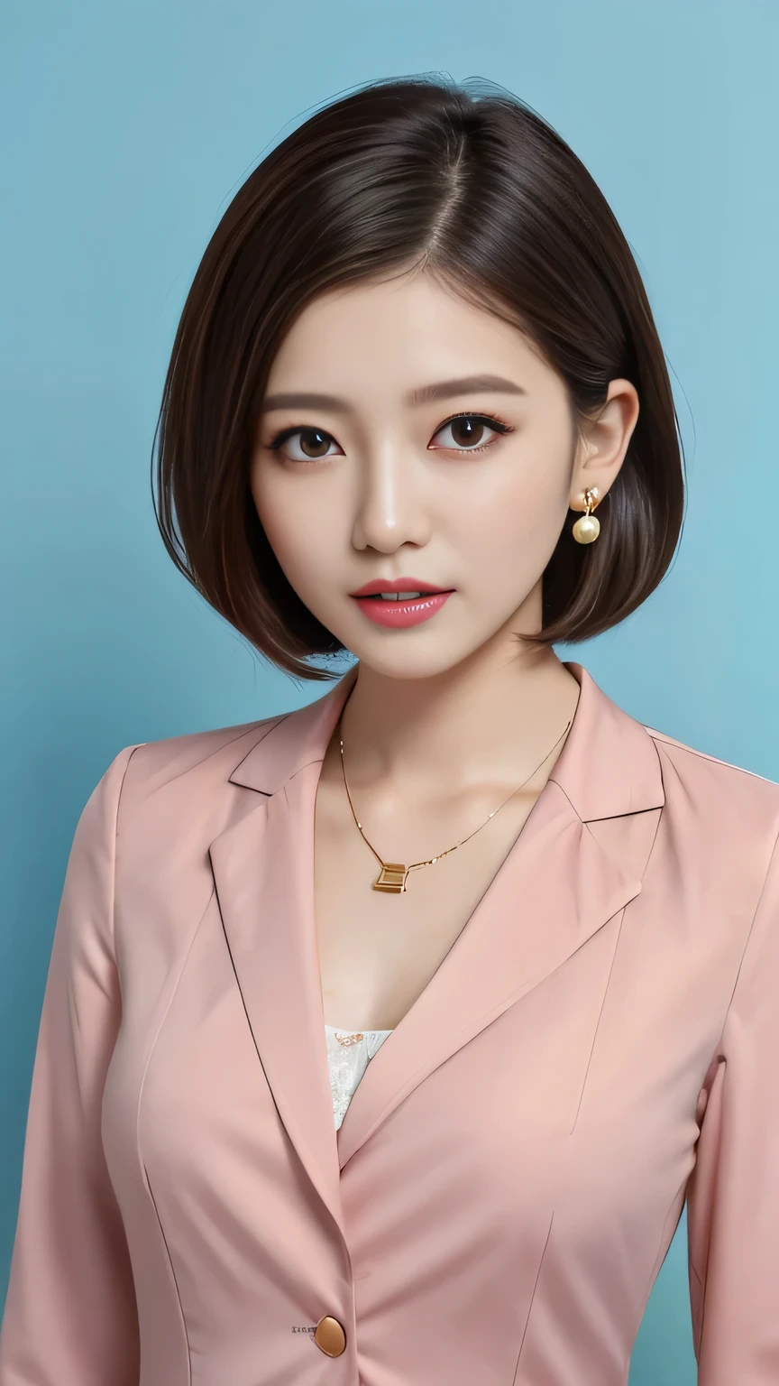 RAW Photos, High resolution, Very detailed, Intricate details, 、ear piercing、Expressionless、short hair、Black Hair、Open your mouth a little、Clear beauty,(High quality fabric, Office Lady Suits 、Necklace around the neck、, The background is the office