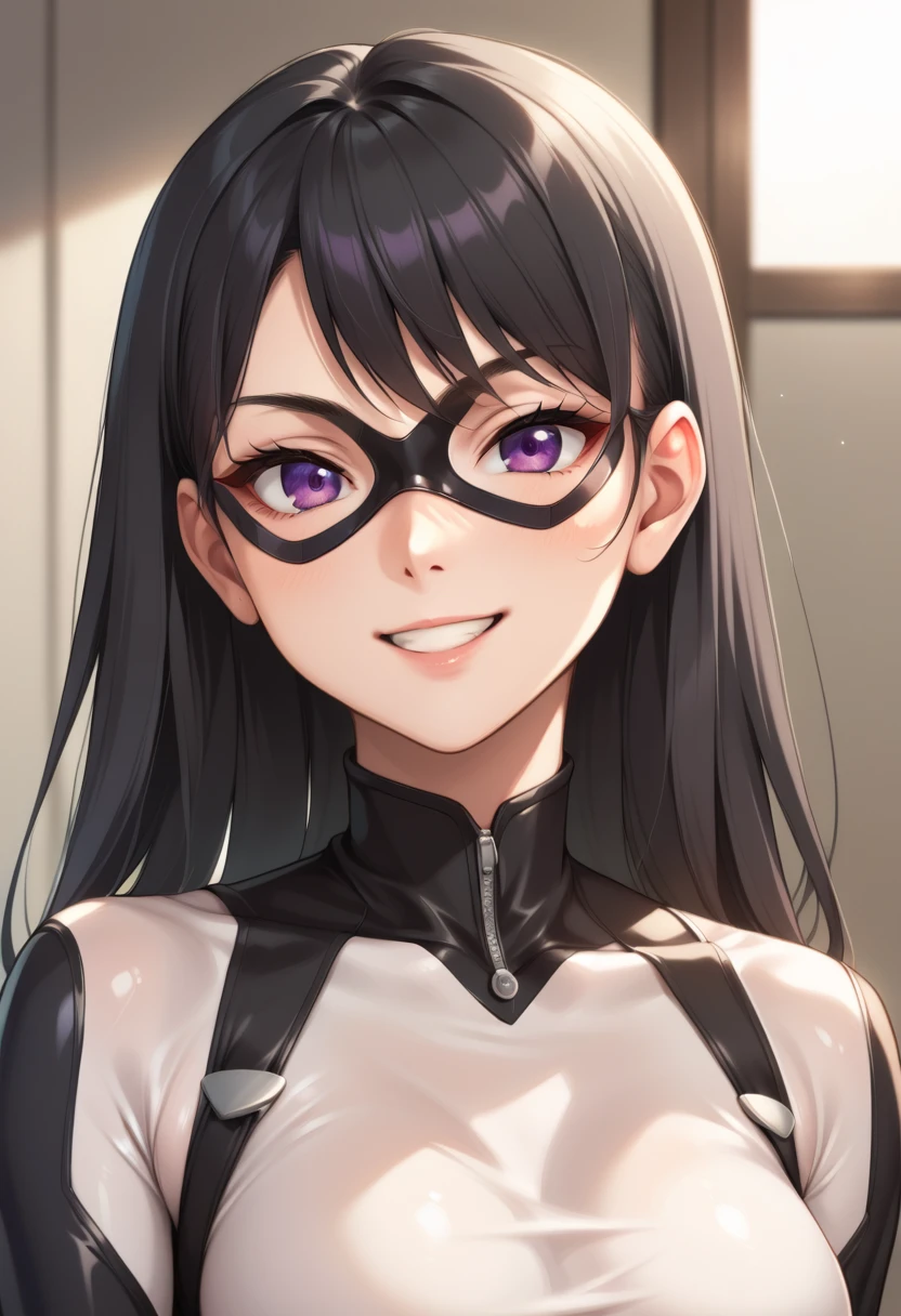 score_9, score_8_up, score_7_up, score_6_up, score_5_up, score_4_up, BREAK, source_anime, 1girl, portrait of violetparr, black hair, long hair, purple eyes, domino mask, bodysuit, upper body, smile, looking at viewer  