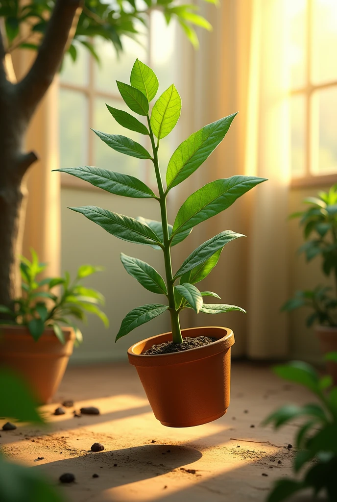 S A plant pot artfully lifted
by human structure neem leaf the newm leaf
forminga figure-like shape. The
scene is set on a grond with a
tree and leaf in the
background, with warm, soft
lighting filtering through sheer
curtains, creating a cozy and
inviting atmosphere. The focus is
on the nem leaf, which appear to
be almost dancing, with a
realistic, detailed, and slightly
surreal style.