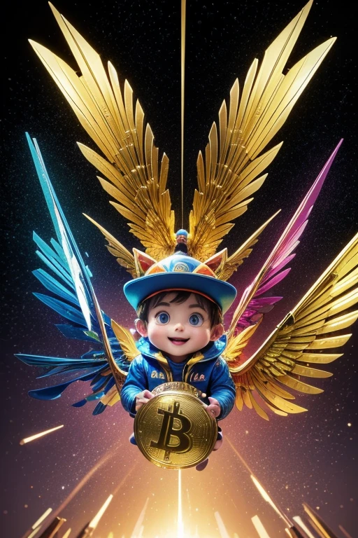 art for youtube channel, with 3d boy catching a crypto currency that is flying with wings, colorful and colorful clothes, colorful metallic mirrored background with golden edges, with crypto coins ltc and btc and ton, hamster kokbat,