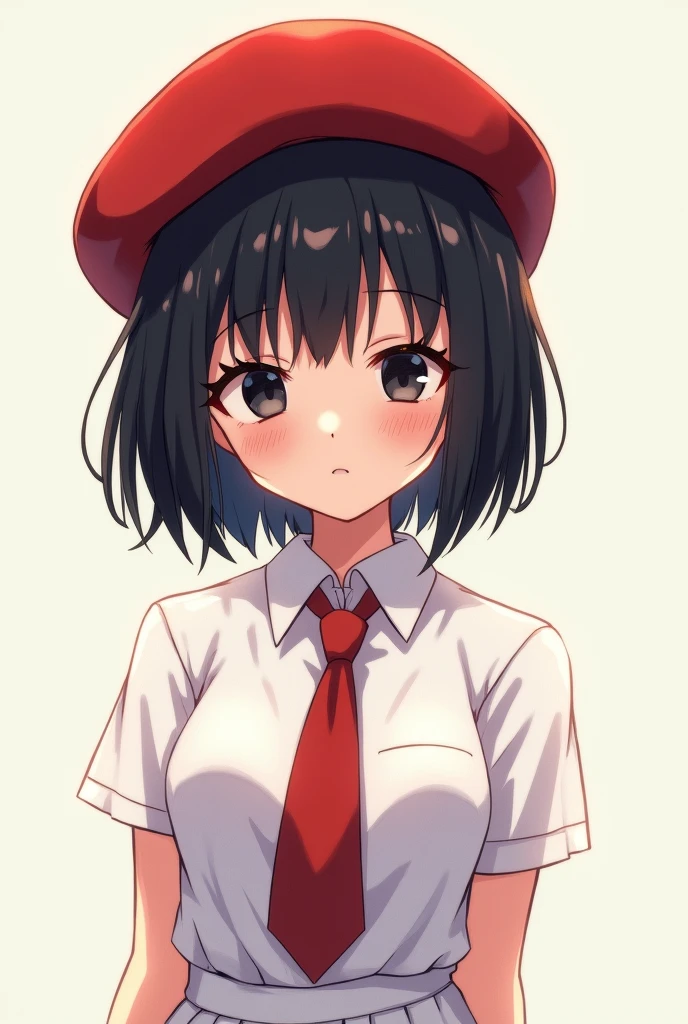 anime girl, short black hair without bangs, black eyes, wearing a white shirt, red tie, white knee-length skirt, wool hat red, blush