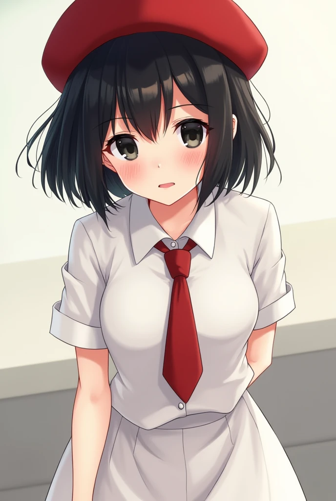 anime girl, short black hair without bangs, black eyes, wearing a white shirt, red tie, white knee-length skirt, wool hat red, blush