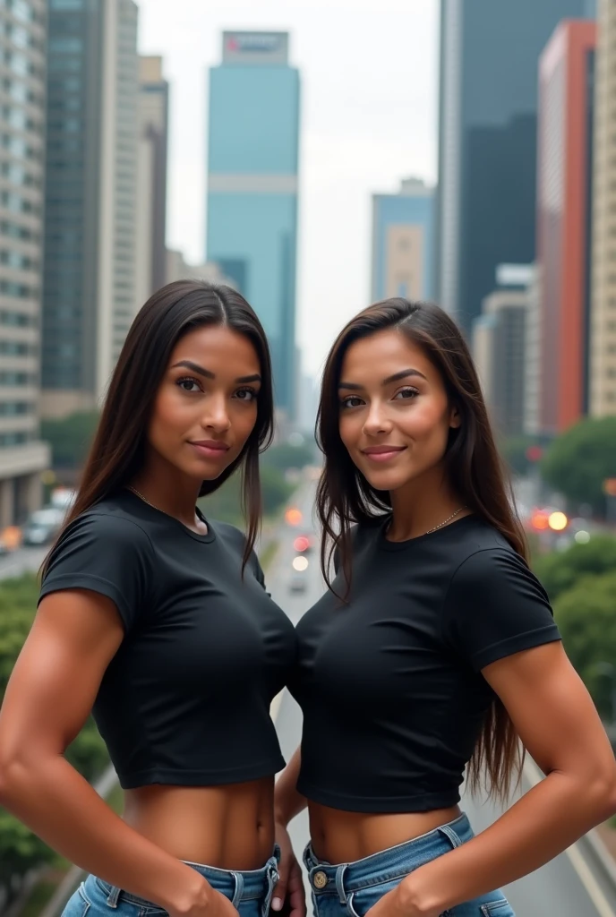 2 muscular brown camel girl with a young face, wearing a black t-shirt and jeans taking a picture in Sao Paulo