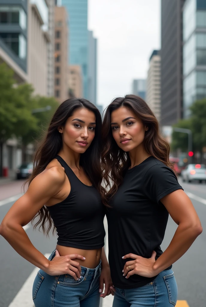 2 muscular brown camel girl with a young face, wearing a black t-shirt and jeans taking a picture in Sao Paulo