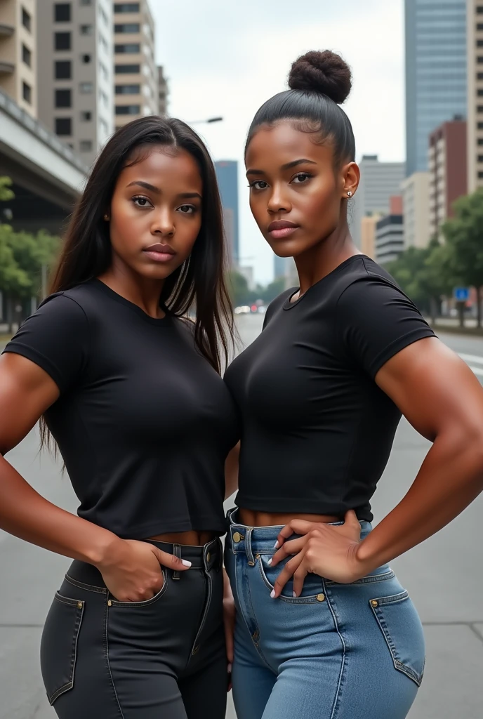 2 muscular brown camel girl with a young face, wearing a black t-shirt and jeans taking a picture in Sao Paulo