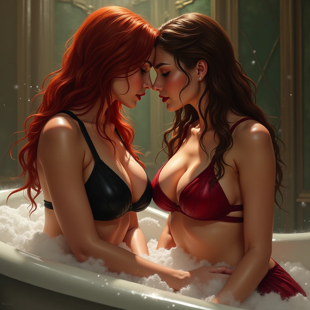  between 2 beautiful women passionate kissing,  BREAK adult, (natasha romanoff, topless with breasts exposed, black thong, long flowing auburn hair:1.4), BREAK adult (scarlet witch, topless with exposed breasts, red  thong underwear, wet skin, brown hair:1.5) detailed facial features, detailed skin,  dynamic poses, intense expressions, they are sharing a bath of hot soapy water in an exotic bathroom, erotic, NSFW,  BREAK shallow depth of field, highly detailed, bokeh, moody, epic, gorgeous, grainy, BREAK (ultra-detailed), (best illustration), (best shadow), (absurdres), BREAK (detailed background), (very aesthetic).