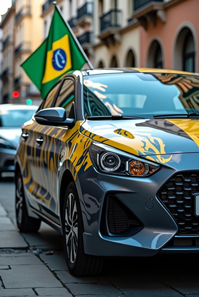 A car with a sticker of a horse and a flag of the state of Rio Grande do Sul
