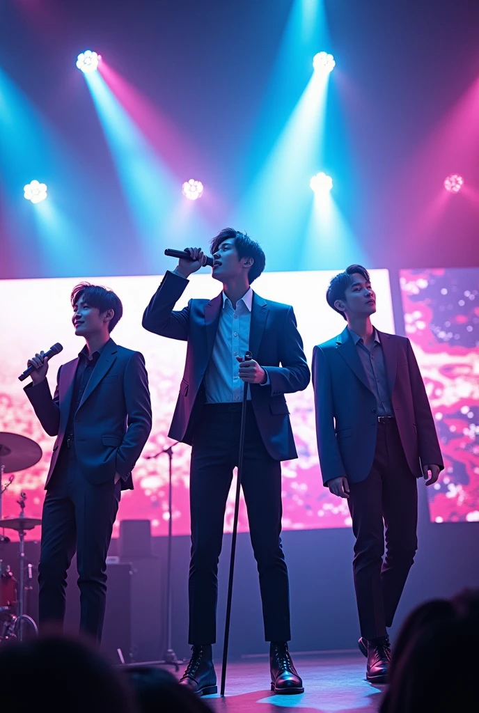 On a vibrant stage under dazzling lights, three handsome Korean male band members are performing together, each exuding charisma as they sing and pose for the camera. The first member, with tousled dark hair, stands confidently at the center of the stage, gripping a microphone with both hands as he sings powerfully into it. He's dressed in a sleek, tailored outfit with a stylish jacket that catches the light. The second member, with slightly wavy hair, is positioned to the left, holding his microphone close to his lips while flashing a charismatic smile at the camera. He's wearing a trendy, casual-chic ensemble that contrasts with the more formal stage setting. The third member, with short, sleek hair, is on the right side of the stage. He holds his microphone with one hand, while his other hand rests casually in his pocket, giving a cool, laid-back pose as he sings. His outfit is a blend of edgy and modern, featuring a leather jacket and dark jeans. The stage is illuminated by dynamic, colorful lights that shift between vibrant blues, purples, and reds, casting a dramatic glow over the performers. Behind them, a large LED screen displays abstract visuals that pulse in time with the music, while the audience is just visible in the background, cheering and waving light sticks. The band members, all looking directly at the camera, radiate confidence and energy, capturing the thrilling essence of a live performance.