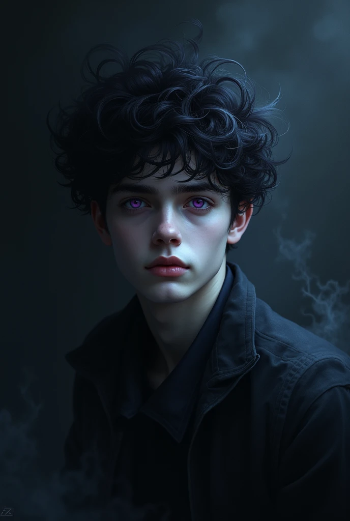 ((best quality)), ((masterpiece)), (detailed), young man with short dark slightly curly hair and purple eyes, pale skin, surrounded by a dark aura, caucasian