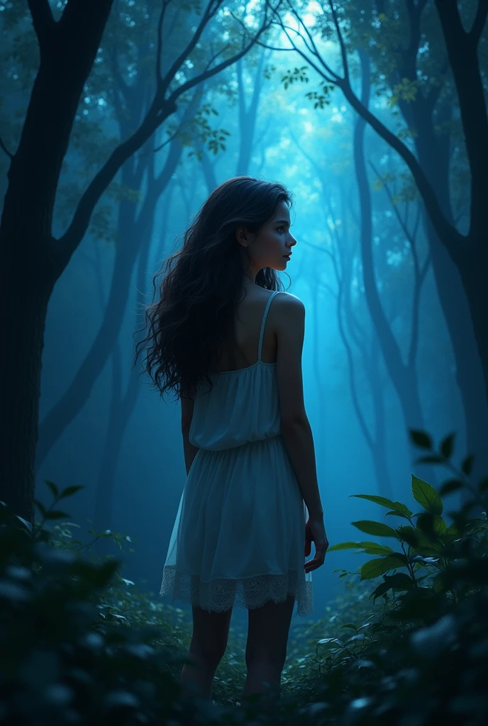 Create an image of a girl standing in a dark black forest, where tall trees seem to envelop her in shadows. Her brown skin shines subtly under the soft blue light that filters through the leaves.. Her brown hair, long and wavy, cascades over her shoulders to her waist, gently moving in the breeze. Her dark brown eyes reflect a gleam of curiosity and courage..