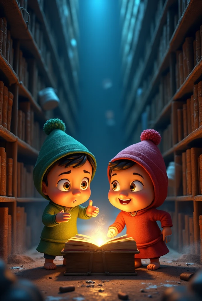 Motu and Patlu inside an old library, discovering an old magic book amidst piles of dusty books. Motu is a bit confused, while Patlu is enthusiastically showing the book. The atmosphere of the library is mysterious."