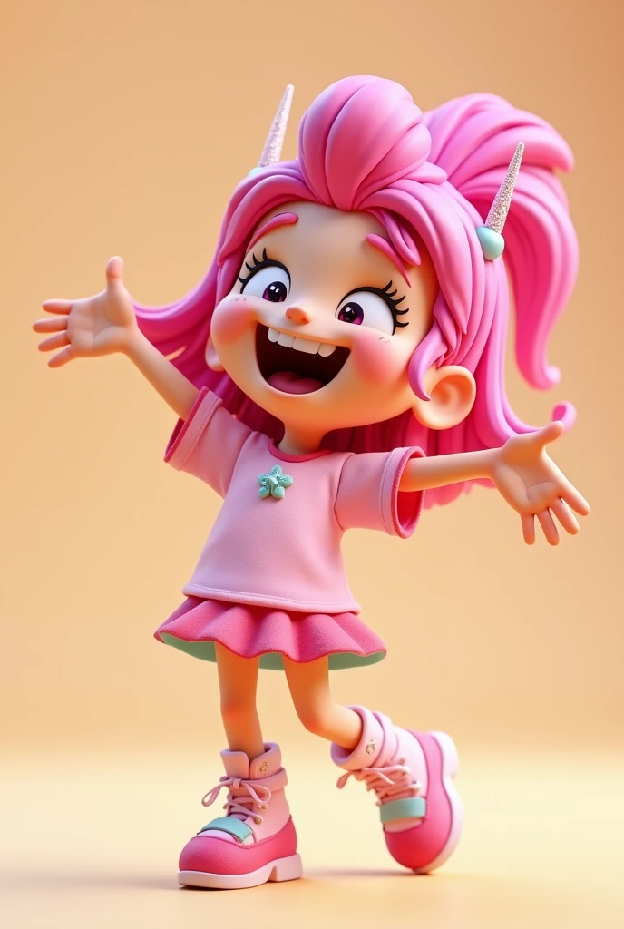 The same pink haired girl cartoon shows a 3D laughing pose.
