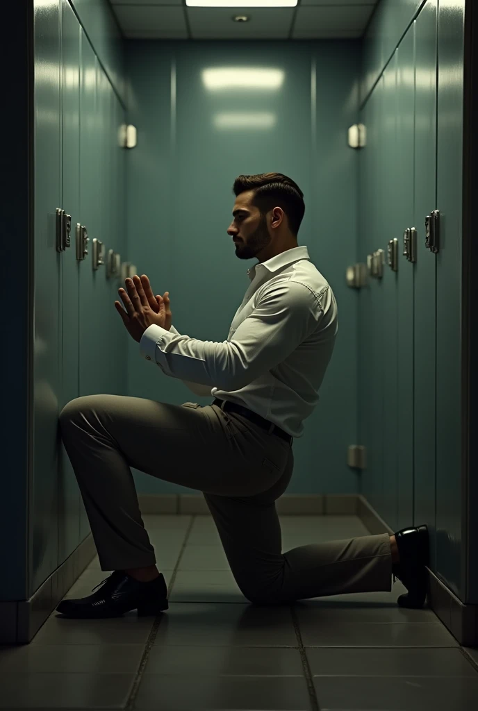male butler ,thin mustache...,handsome ,Wear long sleeve smart butler uniform shirt...............,grey beige tight trousers, ,((realistic super big tight butt wearing pants))............................. Black boots and dark navy gloves.,sit on the ground , His legs spread apart sitting kneeling facing the wall,.................... suggestive posing, showing off his back................................, butler Muscle Man , ((The arm muscles are very large...................)) ,large , Wide shoulders ,open legs, head turn slightly to looking back to the camera, rear shot.......................................... low angle looking up, wide angle, ((full body shot)).....................,Sexually suggestive, (Dynamic Poses:1.1) , thights , (Embossed Focus:1.2),On your knees........................., empty toilet cubicle at night, Best qualtiy , Wide lens from far ,deep depth of field ,Bokeh background