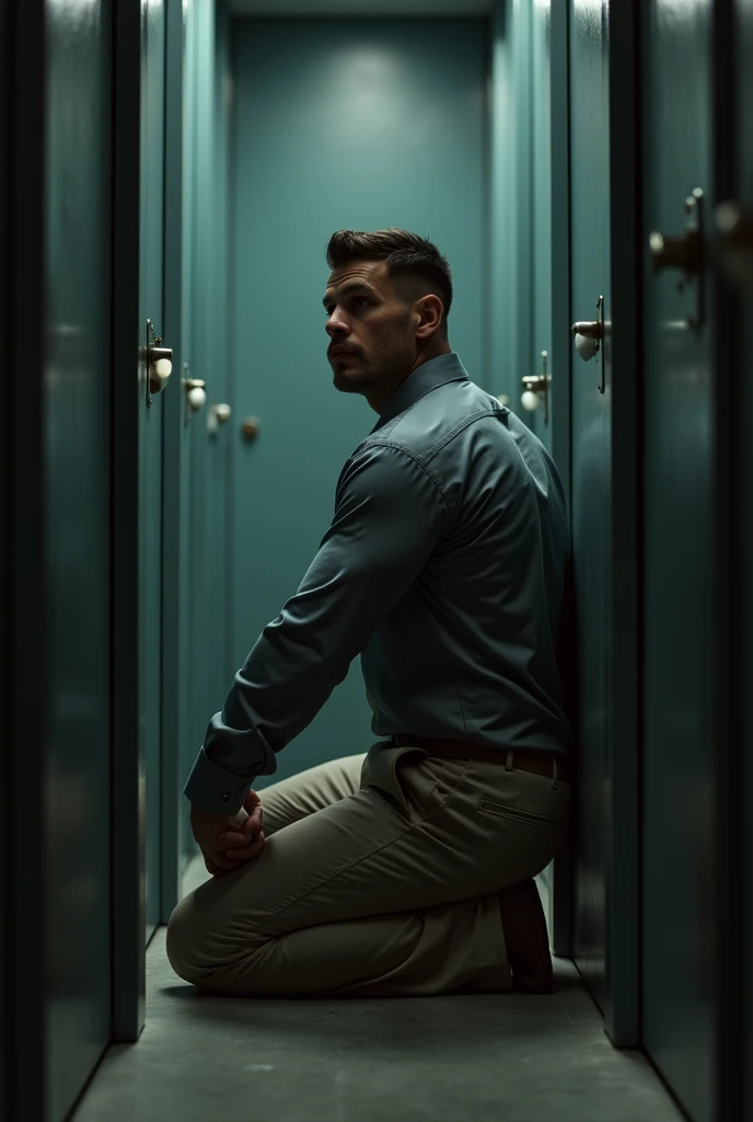 male butler ,thin mustache...,handsome ,Wear long sleeve smart butler uniform shirt...............,grey beige tight trousers, ,((realistic super big tight butt wearing pants))............................. Black boots and dark navy gloves.,sit on the ground , His legs spread apart sitting kneeling facing the wall,.................... suggestive posing, showing off his back................................, butler Muscle Man , ((The arm muscles are very large...................)) ,large , Wide shoulders ,open legs, head turn slightly to looking back to the camera, rear shot.......................................... low angle looking up, wide angle, ((full body shot)).....................,Sexually suggestive, (Dynamic Poses:1.1) , thights , (Embossed Focus:1.2),On your knees........................., empty toilet cubicle at night, Best qualtiy , Wide lens from far ,deep depth of field ,Bokeh background