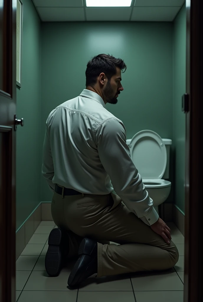 male butler ,thin mustache...,handsome ,Wear long sleeve smart butler uniform shirt...............,grey beige tight trousers, ,((realistic super big tight butt wearing pants))............................. Black boots and dark navy gloves.,sit on the ground , His legs spread apart sitting kneeling facing the wall,.................... suggestive posing, showing off his back................................, butler Muscle Man , ((The arm muscles are very large...................)) ,large , Wide shoulders ,open legs, head turn slightly to looking back to the camera, rear shot.......................................... low angle looking up, wide angle, ((full body shot)).....................,Sexually suggestive, (Dynamic Poses:1.1) , thights , (Embossed Focus:1.2),On your knees........................., empty toilet cubicle at night, Best qualtiy , Wide lens from far ,deep depth of field ,Bokeh background