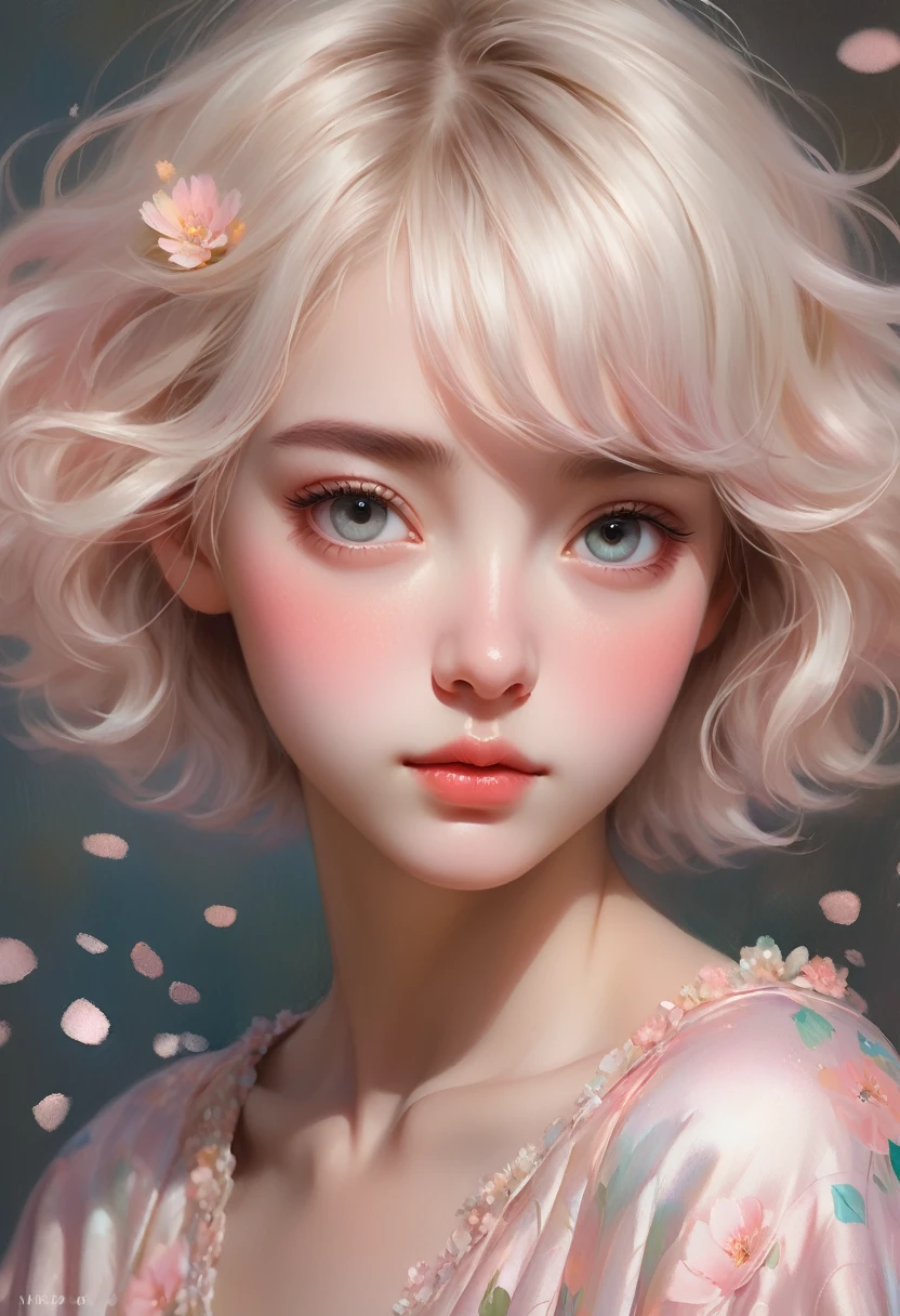 Digital painting of a young girl with short, fluffy white hair and large, expressive eyes, captured in a highly detailed, painterly style. Her skin is fair with a soft blush, reflecting a warm, diffused light that adds a gentle glow. The hair flows with soft, defined brushstrokes, showcasing subtle pastel colors. The girl's expression is innocent and slightly curious, adding an emotional depth to the portrait. She wears a delicate outfit adorned with floral patterns, with fine details and textures that mimic traditional oil painting techniques. The background is filled with light pastel colors and subtle, sparkling confetti, painted with defined strokes to create a sense of movement and whimsy. Emphasize the use of Digital Painting style, focusing on defined brushstrokes, texture, and a realistic portrayal of light and shadow to create a timeless, classical look.