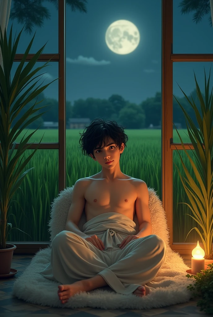(photorealism:1.2), an ordinary young man, sitting on chair sponge on middle ricefield, wearing pajama towel clothes, pajama pants, shorty black messy haircut, indoors, at night, lighting moon, plants in background, relaxed pose, realistic, intricate details, warm colors, by Greg Rutkowski, by Alphonse Mucha