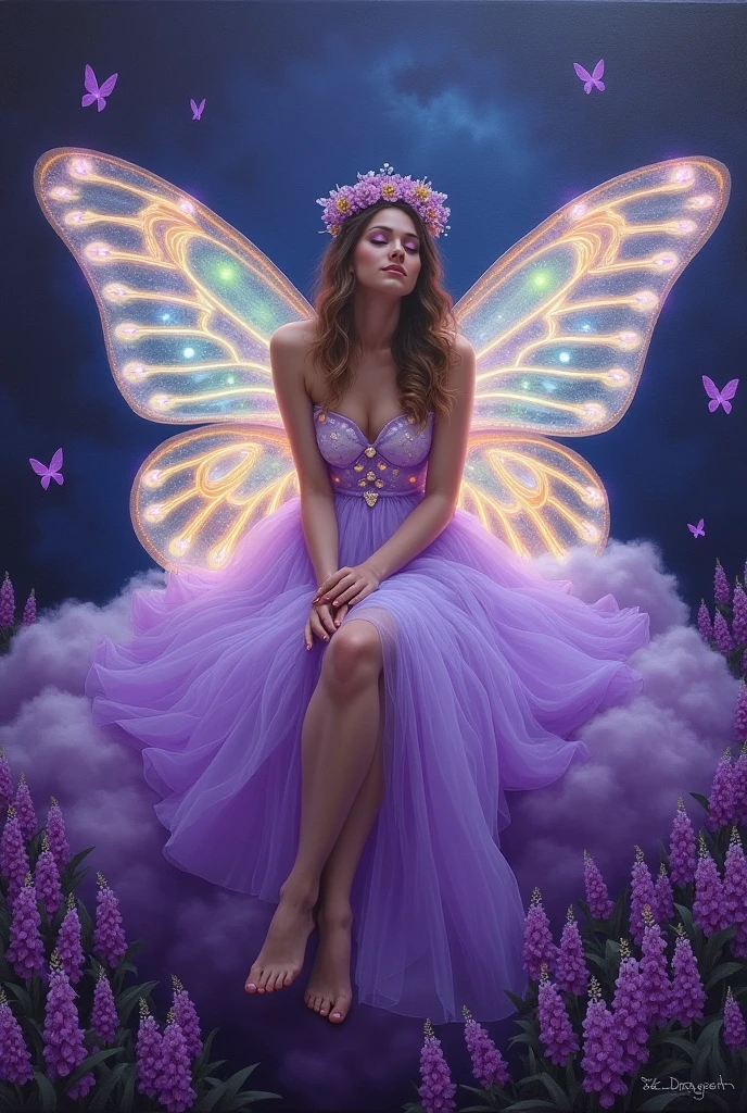 Oil painting on canvas《Summer Valley》，Etienne Adolphe Piaud, Etienne Adolphe Piot，English Pre-Raphaelite painter，Pre-Raphaelite Brotherhood, A woman in a glowing costume sitting on a purple cloud in front of a purple background，Her dress is made of translucent tulle，It is decorated with lights of various colors.，The whole presents a colorful effect，There is a pair of huge butterfly wings behind the woman，Also made of luminous material，radiating a soft，Wearing a flower on the head as decoration，Under her feet, a sea of purple flowers，The flowers look particularly beautiful in the night，dream，mystery,beauty,Aesthetic，Mainly realistic traditional style，The painting style is meticulous，Refreshing colors，HD，in the style of Pre-Raphaelite Brotherhood