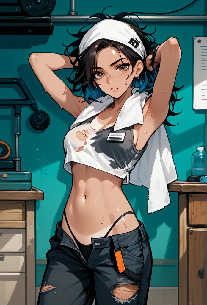 masterpiece, best quality, mature woman, messy hair, black hair, brunette gradient hair color, hot face, (tomboy face), tan skin, mature body, fit body, medium breasts, mechanic gloves, (dirty tank top), stained tank top, midriff, white bandana, mechanic pants, loose pants, workshop, (sweaty), towel around neck, black thong lines, ripped pants, hands behind head