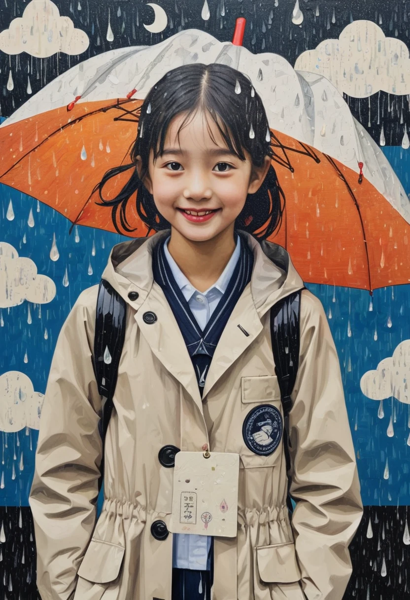 (masterpiece, best quality),
woodblock print collage depicting,tween girl,smile,she is surrounded by cloud and raindrop symbols,detailed face,school-uniform,street,rain coat,typhoon and cyclone and hurricane,colorful, collage art, contemporary artistic collage,