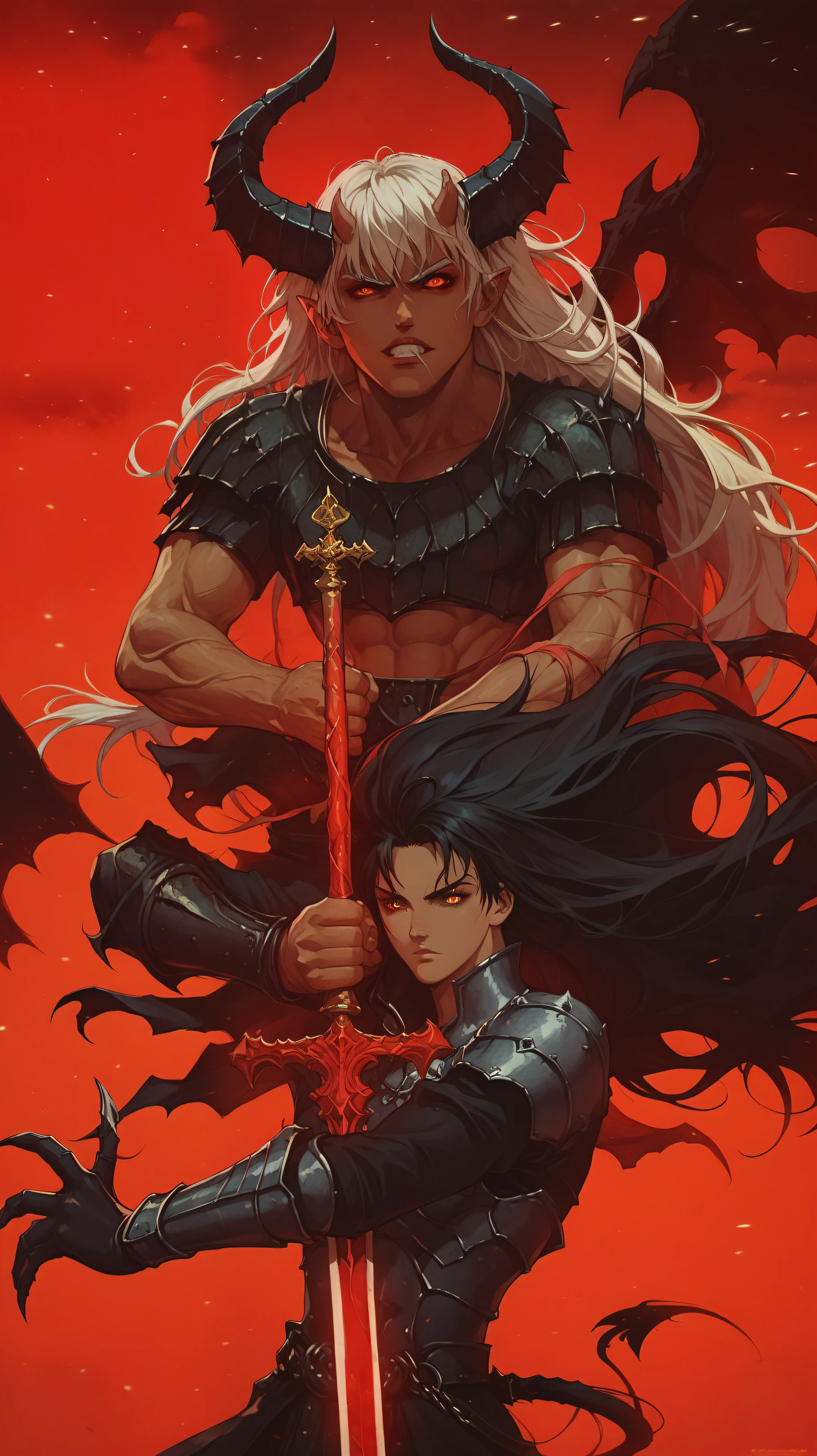 anime - style illustration of a demon with a sword and demon face, Dark skin,long hair,Berserk artstyle, epic anime fantasy, by Yang J, krenz cushart and wenjun lin, Alucard, anime fantasy illustration, badass anime 8 k, artgerm and atey ghailan, anime epic artwork, man, wrath flame and ruin