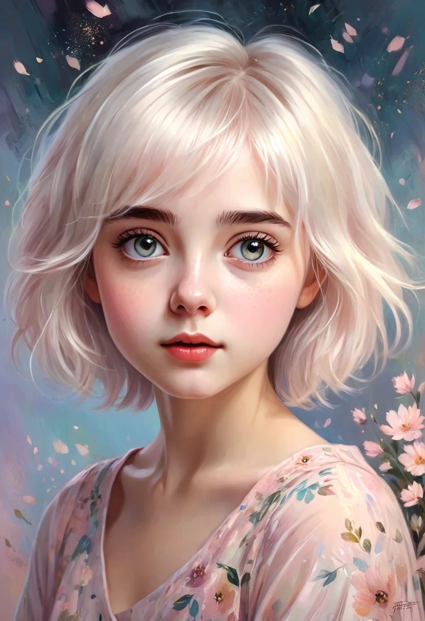 Digital painting of a young girl with short, fluffy white hair and large, expressive eyes, captured in a highly detailed, painterly style. Her skin is fair with a soft blush, reflecting a warm, diffused light that adds a gentle glow. The hair flows with soft, defined brushstrokes, showcasing subtle pastel colors. The girl's expression is innocent and slightly curious, adding an emotional depth to the portrait. She wears a delicate outfit adorned with floral patterns, with fine details and textures that mimic traditional oil painting techniques. The background is filled with light pastel colors and subtle, sparkling confetti, painted with defined strokes to create a sense of movement and whimsy. Emphasize the use of Digital Painting style, focusing on defined brushstrokes, texture, and a realistic portrayal of light and shadow to create a timeless, classical look.