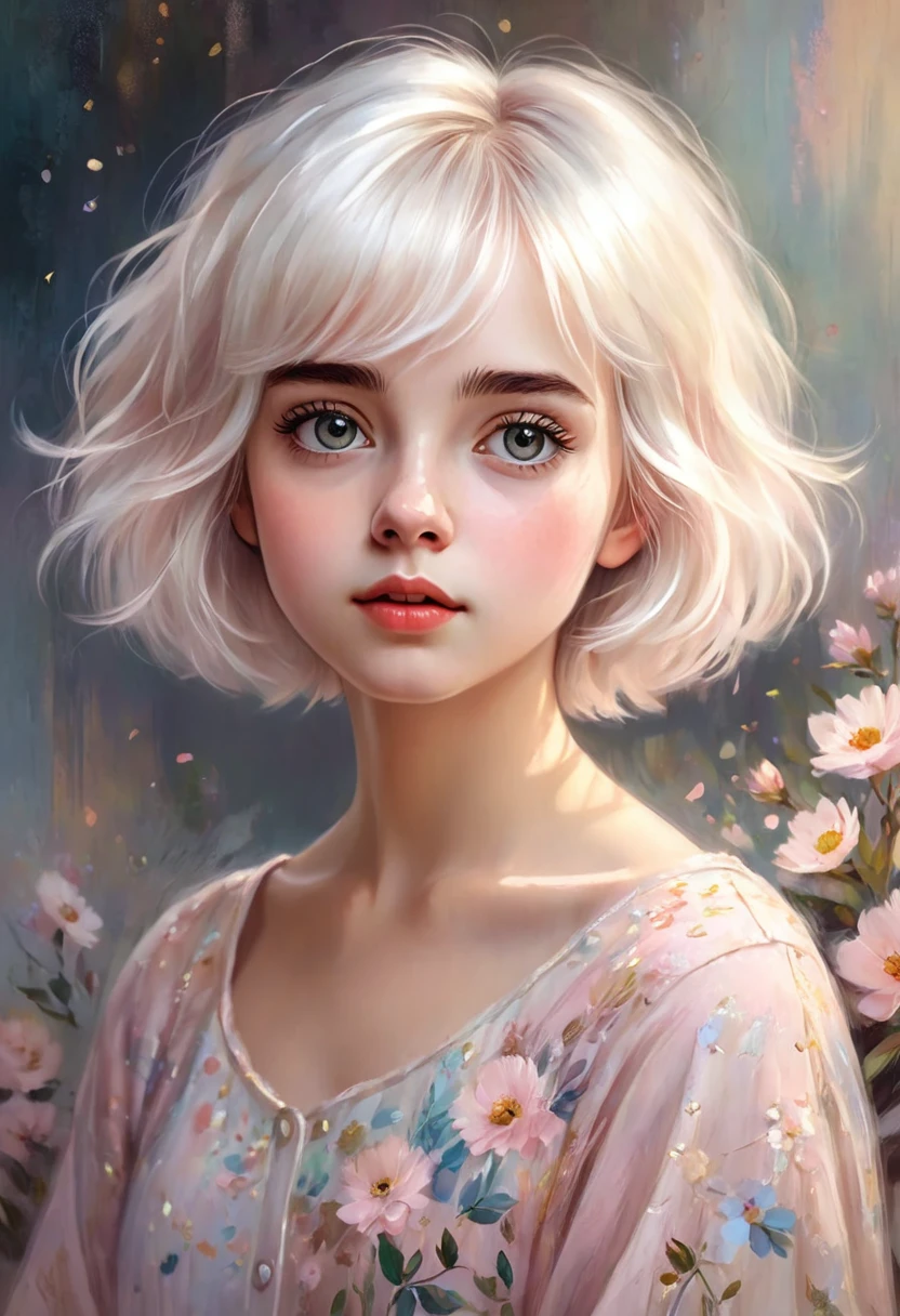 Digital painting of a young girl with short, fluffy white hair and large, expressive eyes, captured in a highly detailed, painterly style. Her skin is fair with a soft blush, reflecting a warm, diffused light that adds a gentle glow. The hair flows with soft, defined brushstrokes, showcasing subtle pastel colors. The girl's expression is innocent and slightly curious, adding an emotional depth to the portrait. She wears a delicate outfit adorned with floral patterns, with fine details and textures that mimic traditional oil painting techniques. The background is filled with light pastel colors and subtle, sparkling confetti, painted with defined strokes to create a sense of movement and whimsy. Emphasize the use of Digital Painting style, focusing on defined brushstrokes, texture, and a realistic portrayal of light and shadow to create a timeless, classical look.