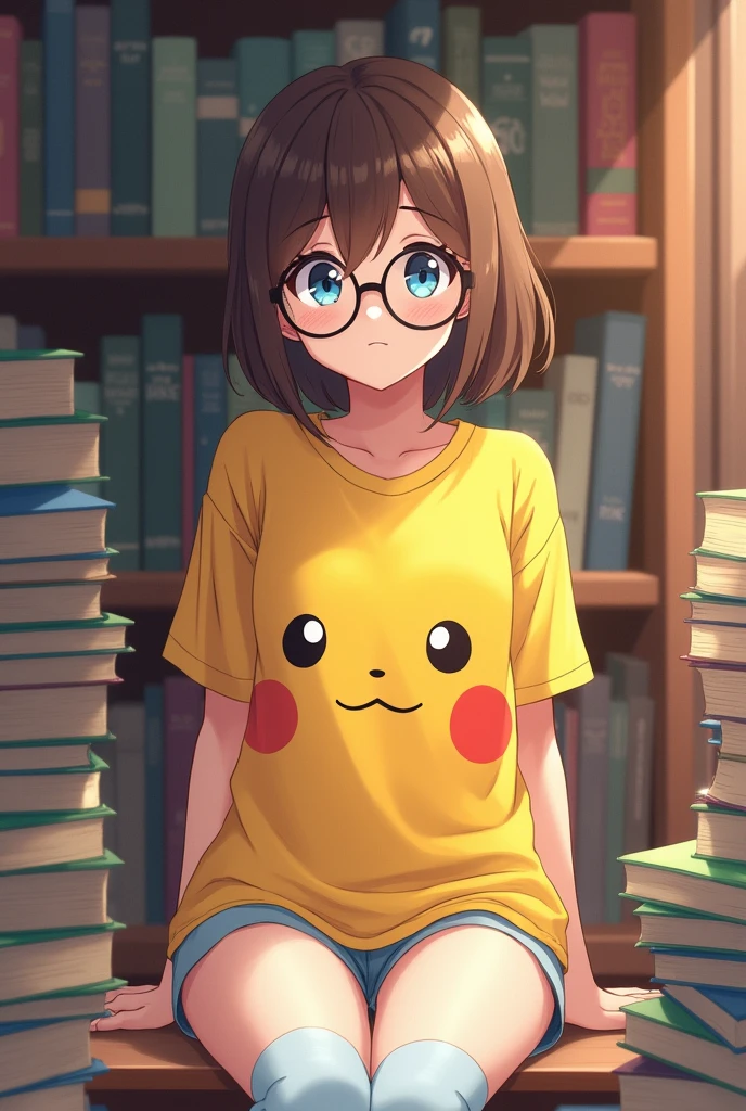 Full body drawing of a young anime style woman, with blue eyes, shoulder length brown hair, wears an oversized Pikachu shirt that goes down to her knees and a pair of baby blue socks. Wears glasses and has a nerdy, awkward vibe. She is sitting in her room surrounded by books.