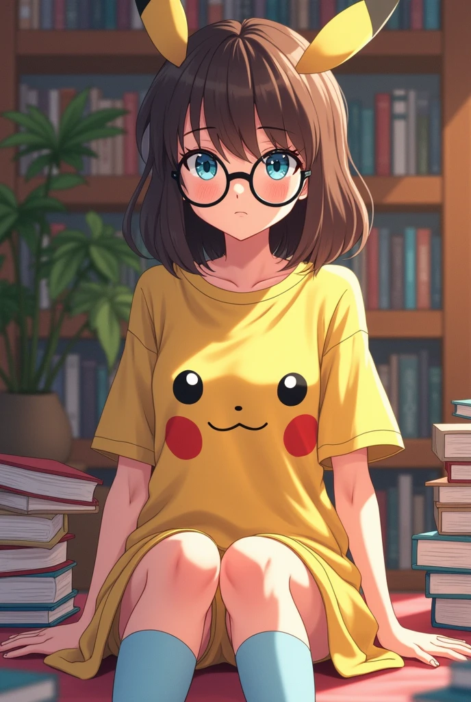 Full body drawing of a young anime style woman, with blue eyes, shoulder length brown hair, wears an oversized Pikachu shirt that goes down to her knees and a pair of baby blue socks. Wears glasses and has a nerdy, awkward vibe. She is sitting in her room surrounded by books.
