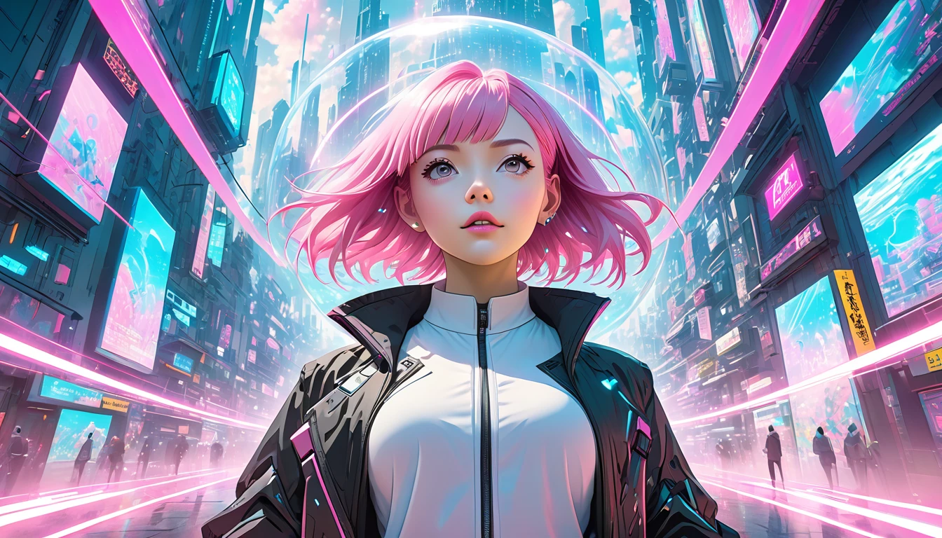 cyberpunk, pink hair, of the future, Surrealism, ultra wide angle, wide angle lens, look up, dynamic movement, express, businesslike, Sacred Edge, laser hologram