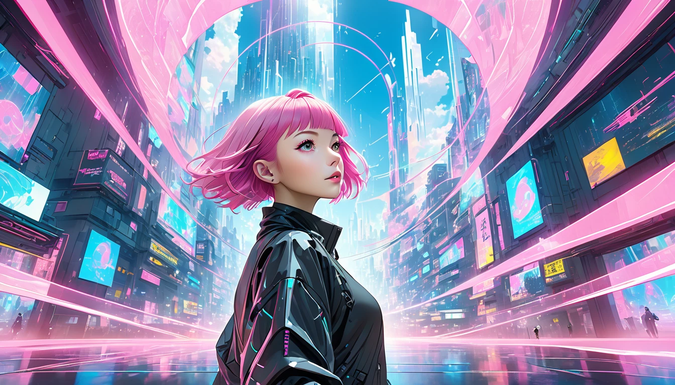 cyberpunk, pink hair, of the future, Surrealism, ultra wide angle, wide angle lens, look up, dynamic movement, express, businesslike, Sacred Edge, laser hologram
