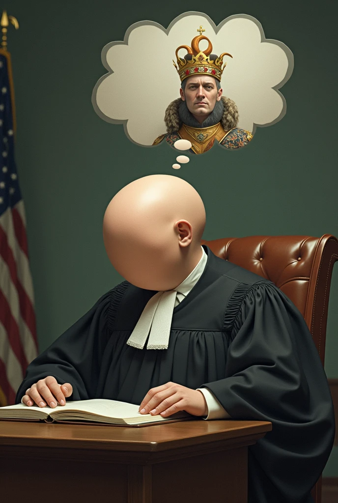 juiz do supremo tribunal federal careca com uma cabeça de ovo dormindo e sonhando com um balão 💬 saindo de sua cabeça indicando a imagem do sonho, the dream image is him being a king, This balloon king is also bald like him, and in its crown an animal called a squid is coiled