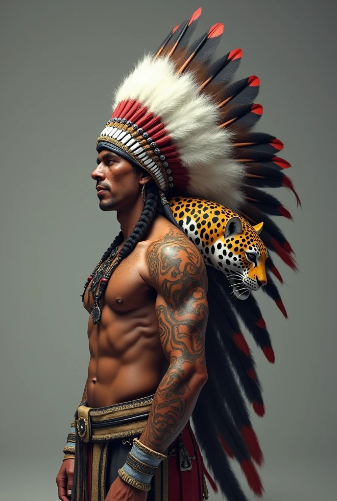 INDIAN WITH A PLUSH ON HIS HEAD, A JAGUAR PAINTED ON HIS RIGHT SHOULDER WITH ITS MOUTH CLOSED AND THE JAGUAR WITH ITS HEAD IN THE SAME PROPORTION OF THE INDIAN LOOKING FORWARD FOR 3D PRINTING