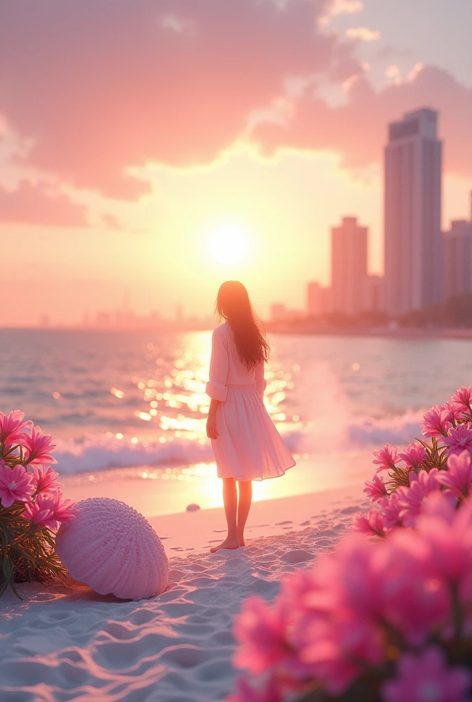city, Flowers, A delicate scene, null, Baiyun, The setting sun shines on the white beach. bird, pink Flowers and bright big shells, Diamond Crystal, At the Beach, Fantasy, night null, moon, to smoke, fire, photograph, High resolution, 8k, UHigh resolution, Very detailed, high quality, 1080P