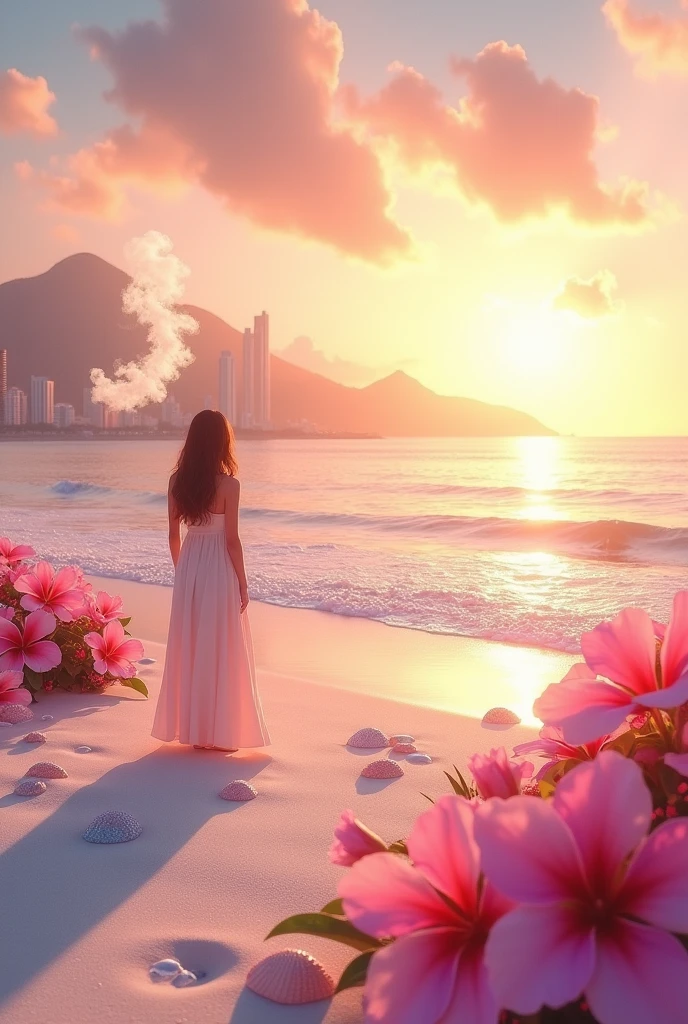city, Flowers, A delicate scene, null, Baiyun, The setting sun shines on the white beach. bird, pink Flowers and bright big shells, Diamond Crystal, At the Beach, Fantasy, night null, moon, to smoke, fire, photograph, High resolution, 8k, UHigh resolution, Very detailed, high quality, 1080P  