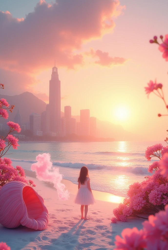 city, Flowers, A delicate scene, null, Baiyun, The setting sun shines on the white beach. bird, pink Flowers and bright big shells, Diamond Crystal, At the Beach, Fantasy, night null, moon, to smoke, fire, photograph, High resolution, 8k, UHigh resolution, Very detailed, high quality, 1080P  