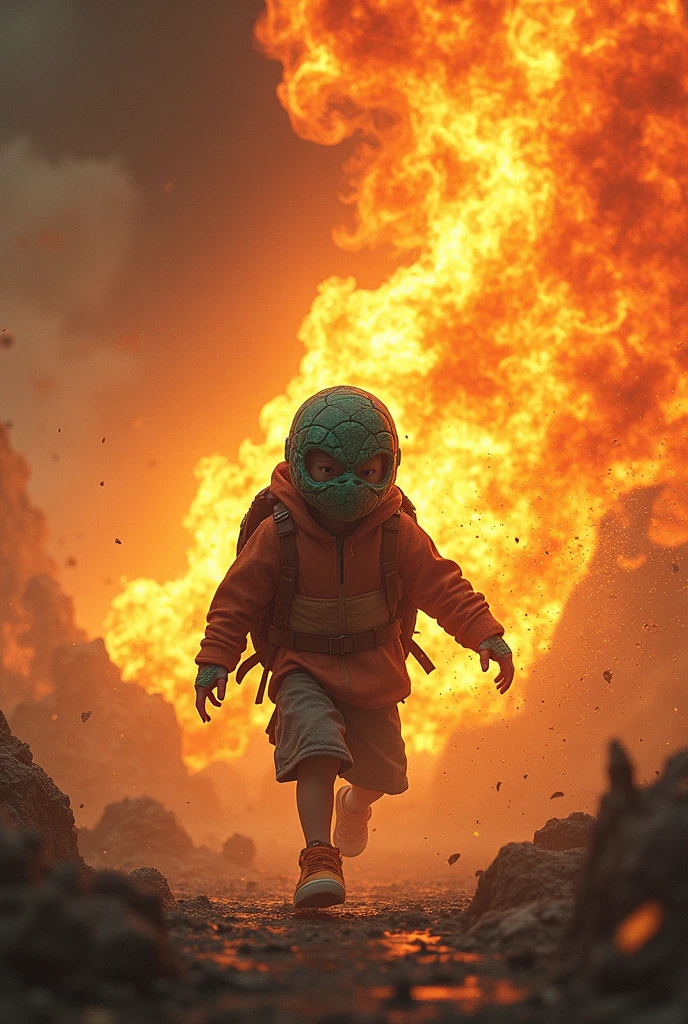 The boy the with the turtle mask fighting in a fire hurricane