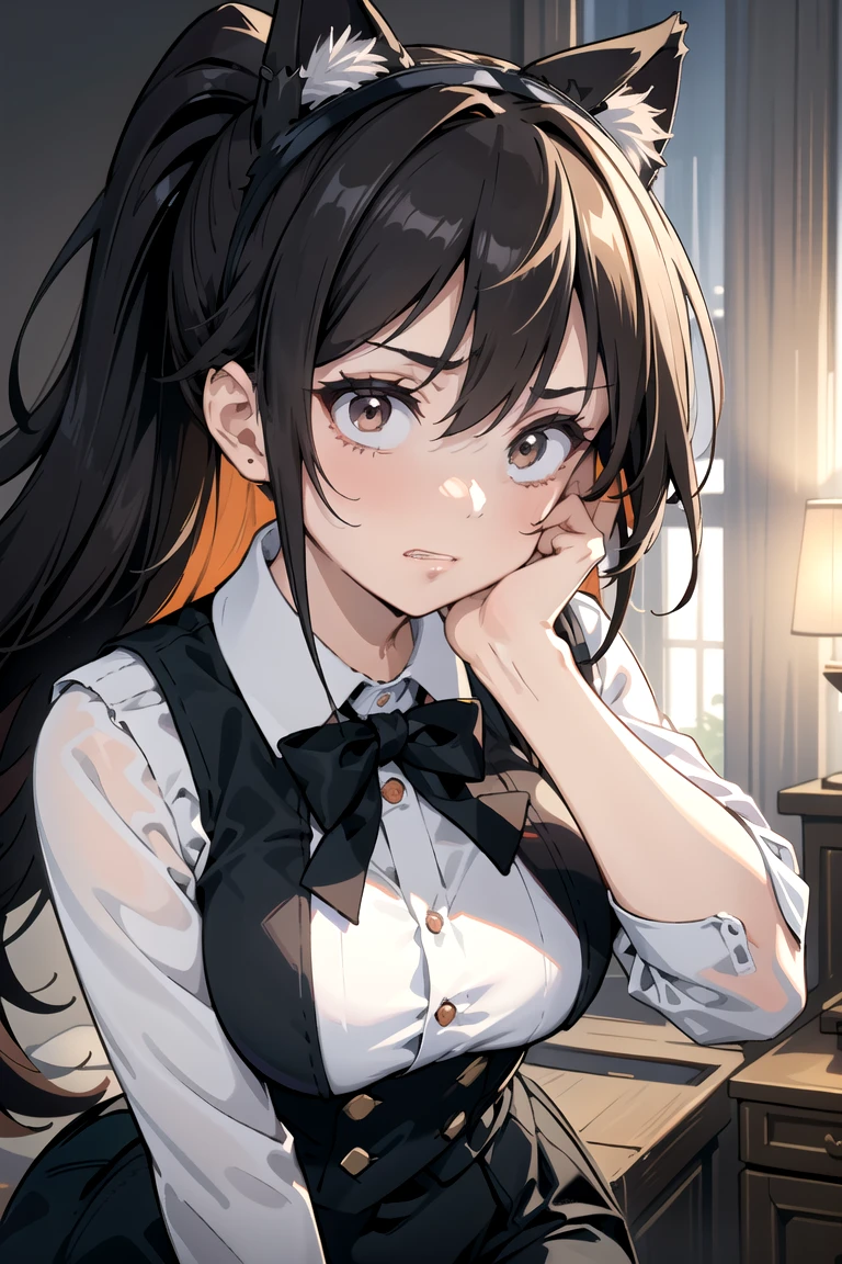 1girl, constricted pupils, clenched teeth, a woman showing angry, ponytail, black eyes, dark brown hair, gradient hair, portrait, solo, Adult woman, best perfect ???????, thin, ray of light through hair, medium breasts, curvy body, close up shot on person, close up shot on person, Pose with hands tucked behind ears, a woman showing his hand, mature woman standing poses, kitten cat ear headband, white Long-sleeved format shirt, black tie, format black vest, white format gloves, black trousers, dynamic angle. perfect dynamic composition, foreshortening, dramatic shading, night days, volumetric lighting,  backlighting, light rays, hotel room background,