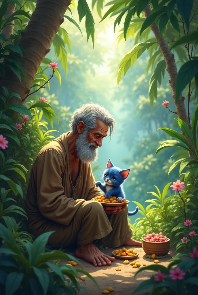 An  poor old man with small France beard in brown clothes and a little cute blue kitten eat together in the jungle ai image