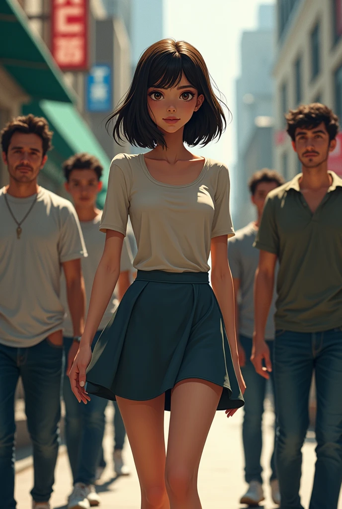 send me image of girl walking with short skirt and boys are watching with bad intentions.