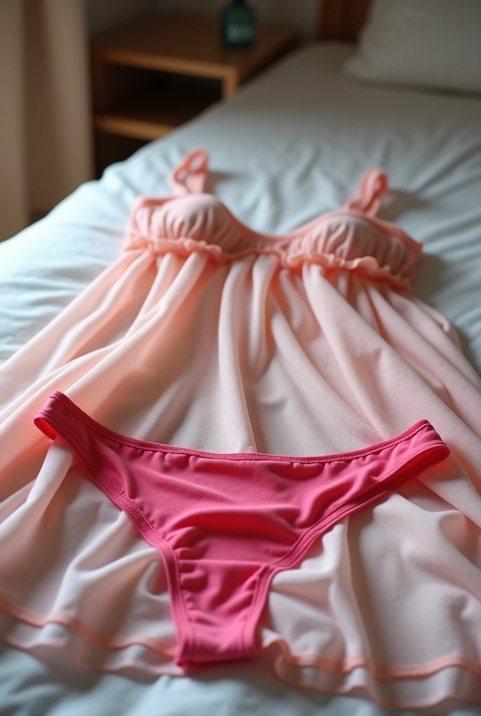 An empty sundress and pink thong panties lying on the bed
