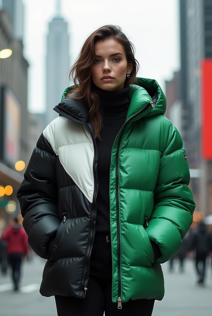 woman ,2 jackets,1 jacket black- white jacket zipper closed,2 jacket green down puffer jacket zipper open, city in the background 