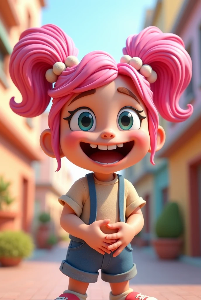The same pink haired girl cartoon shows a laughing gesture holding her stomach 3D