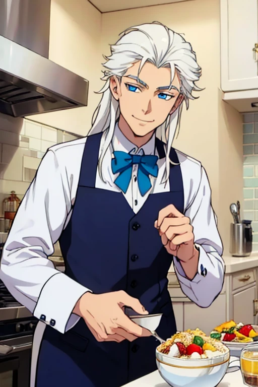 Perfect face. Perfect hands. A young white haired man with blue eyes and long hair in a butler's uniform is smiling while making parfaits in a fancy kitchen