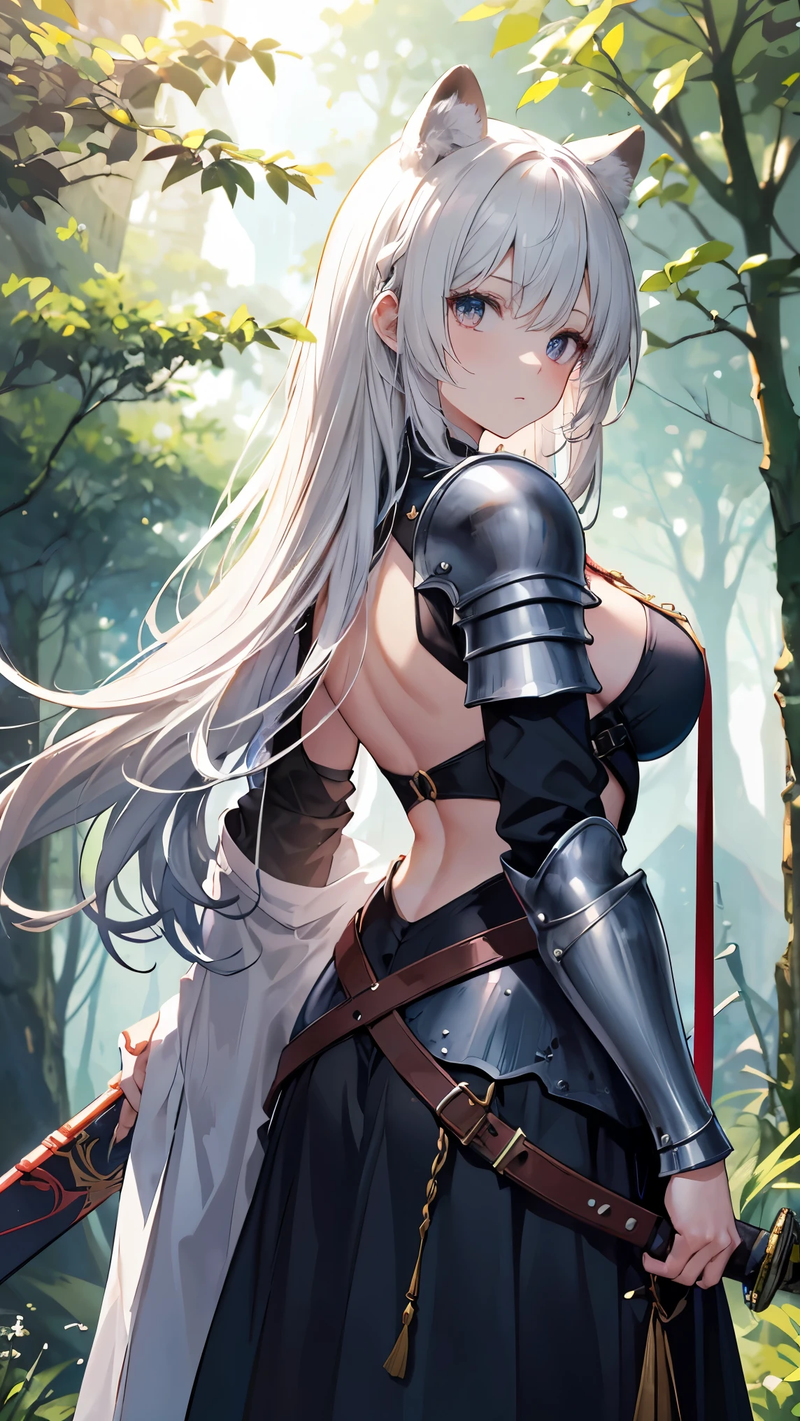 ray tracing, masterpiece, accurate, high details, high quality, best quality, award winning, A young female knight with raccoon-like ears, dressed in gleaming armor that combines elegance with practicality. Her long hair flows down her back, framing her face with a determined expression. The armor is intricately designed, reflecting her noble status, with subtle details that hint at her connection to nature. The setting is a medieval fantasy world, with a backdrop of a dense forest or an ancient castle. Her posture is strong and confident, holding a sword or shield, ready to protect her kingdom. The overall atmosphere is one of bravery, mystery, and a touch of magical realism.