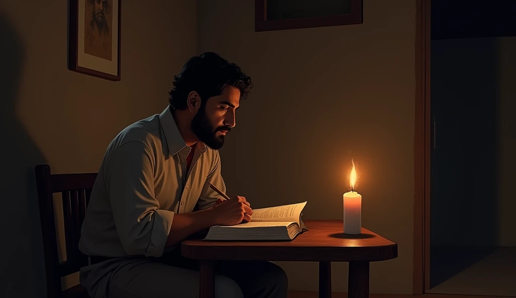 Arjun sitting at a small wooden table in a dimly lit room, reading a book with the help of a candle. The room is sparse, with minimal furniture, reflecting his humble living conditions.