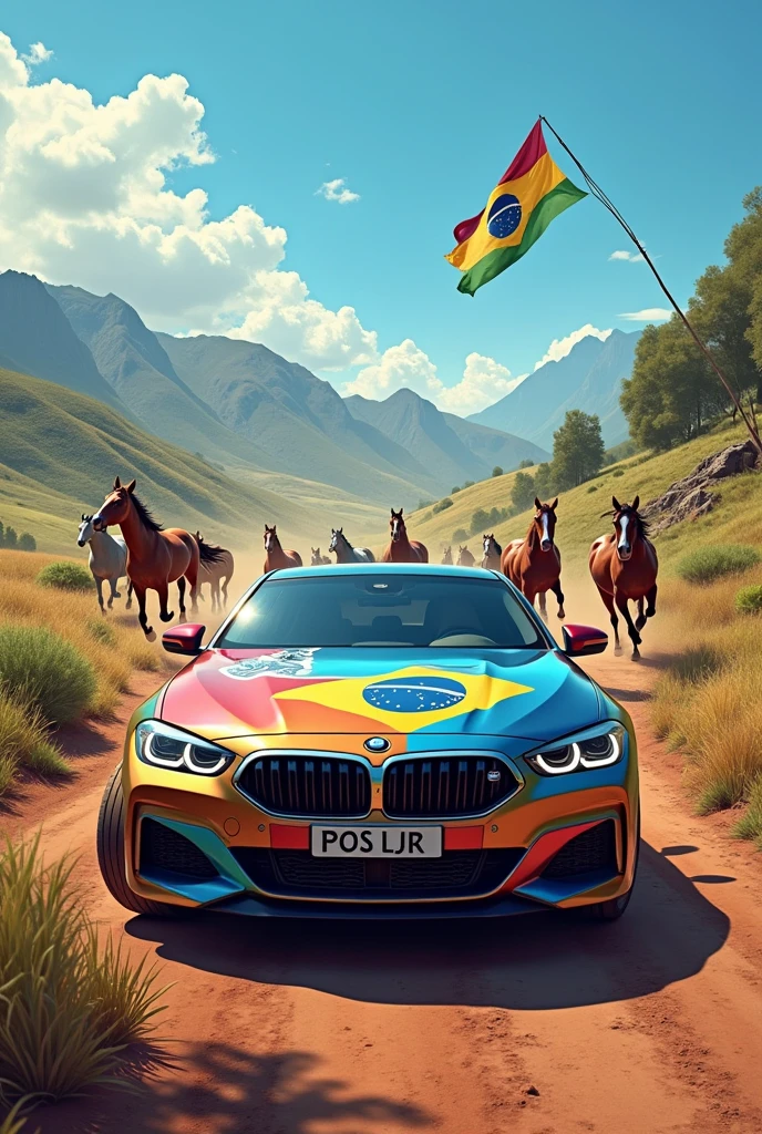 A car with a sticker of a horse and a flag of the state of Rio Grande do Sul with a beautiful landscape with horses running behind it.
