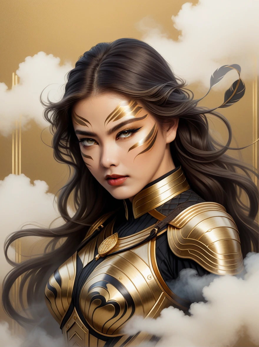 The antrapomorphic Tigress girl roared towards the camera, a close-up portrait with thin lines, gold and black background, air clouds, hand-drawn illustrations, images in the style of cloudpunk, in the style of Chinese traditional painting, against a background of smoke and clouds, golden lines, delicate brush strokes, close-up. overview, full-length shot, beige color scheme, high detail and resolution. 